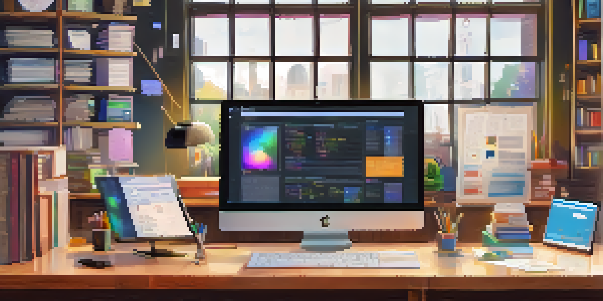 A digital workspace with a computer screen showing a metadata dashboard, illuminated by natural light, surrounded by textbooks and stationery.