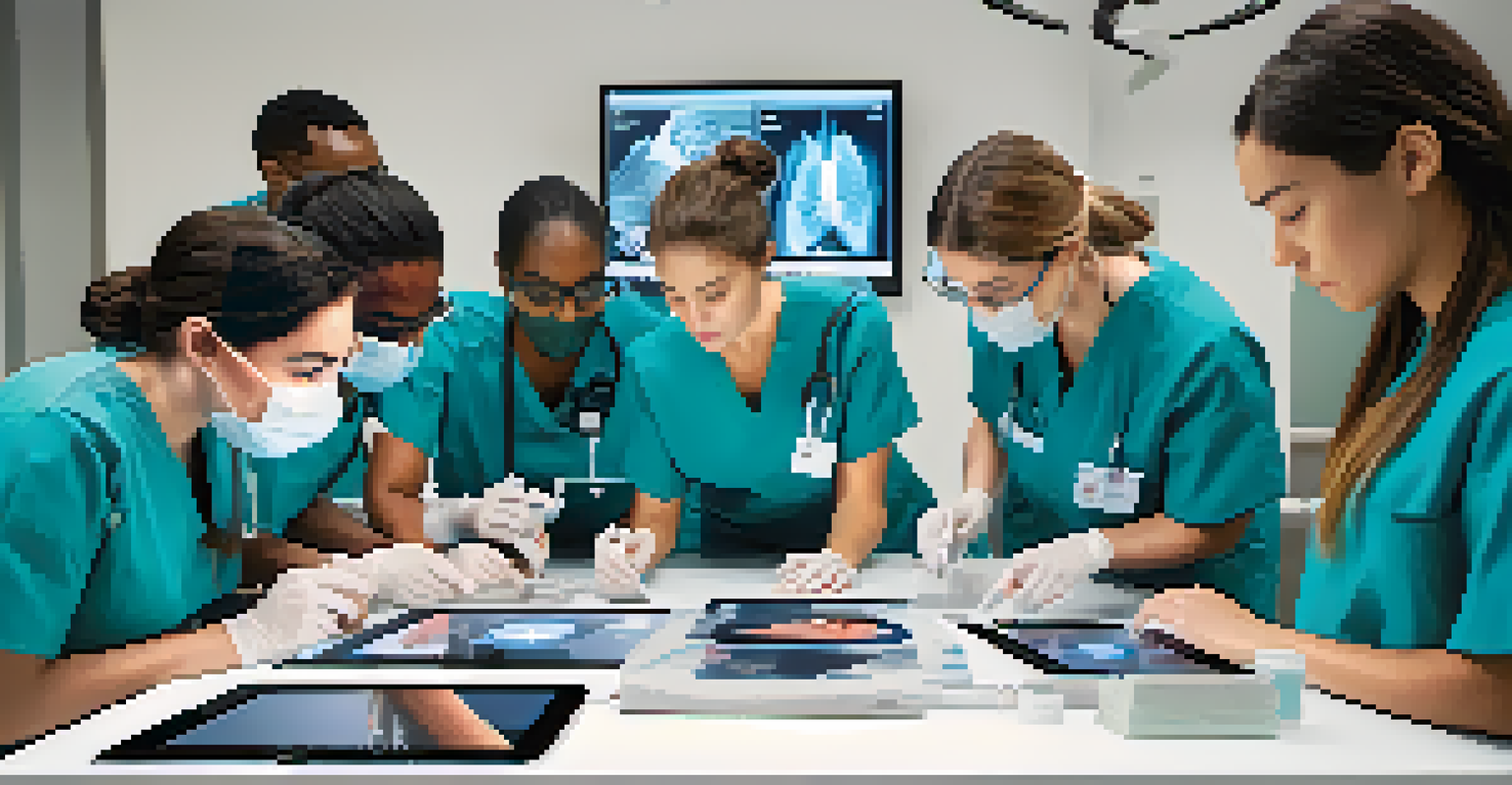 A diverse group of nursing students collaboratively using AR tablets to visualize surgical techniques in a bright classroom.