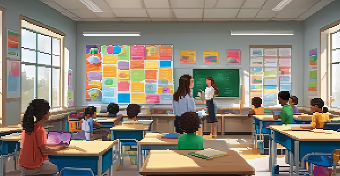 A classroom with a teacher helping students using technology, filled with colorful decorations and bright natural light.
