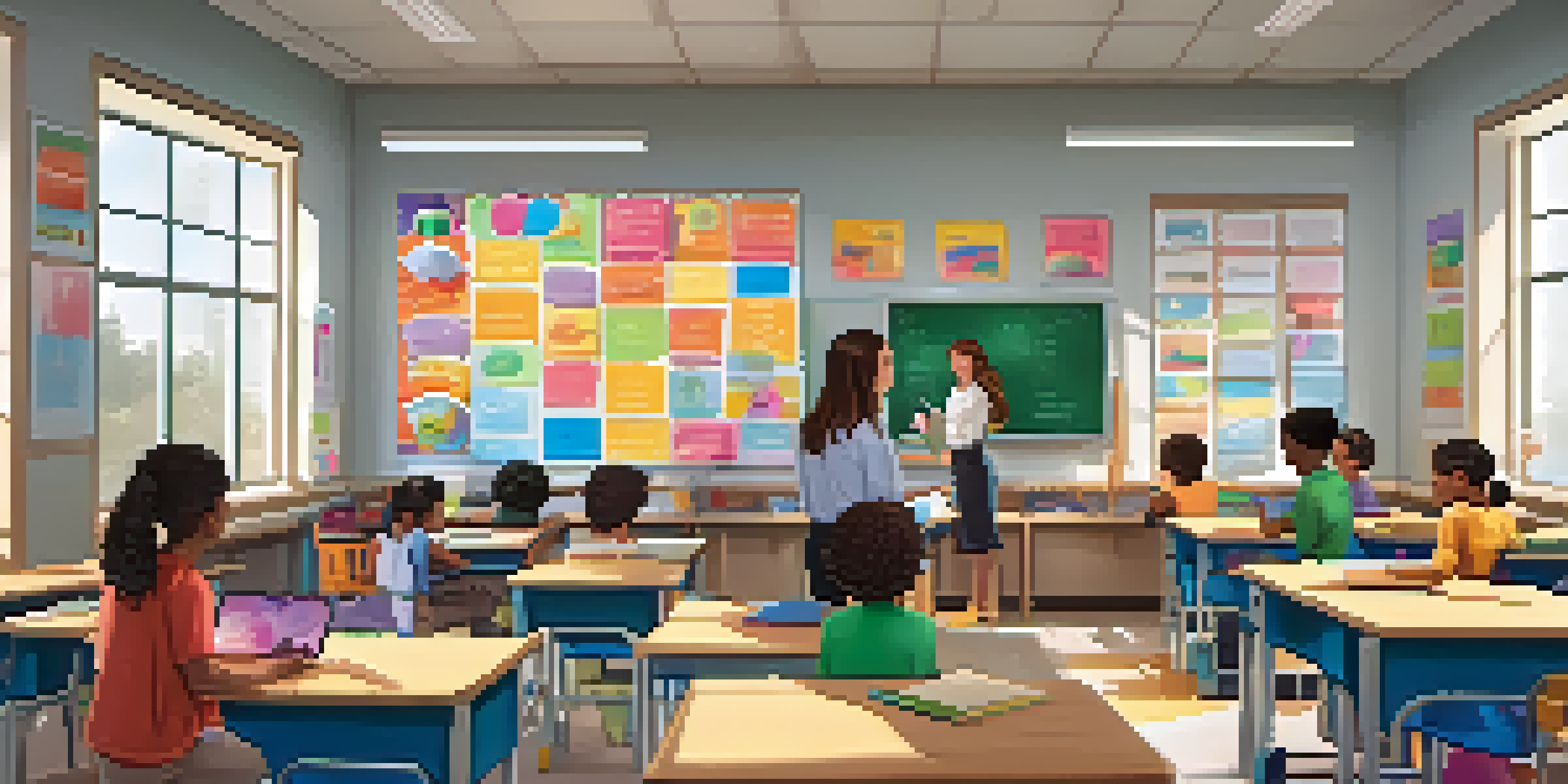 A classroom with a teacher helping students using technology, filled with colorful decorations and bright natural light.