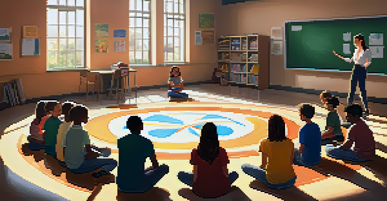 A classroom scene showing a teacher and students in a feelings circle, emphasizing respect and inclusion with colorful student art on the walls.