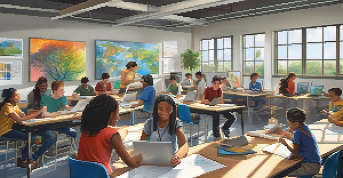 A bright classroom with diverse students actively participating in a skill development workshop, surrounded by technology and collaborative learning.