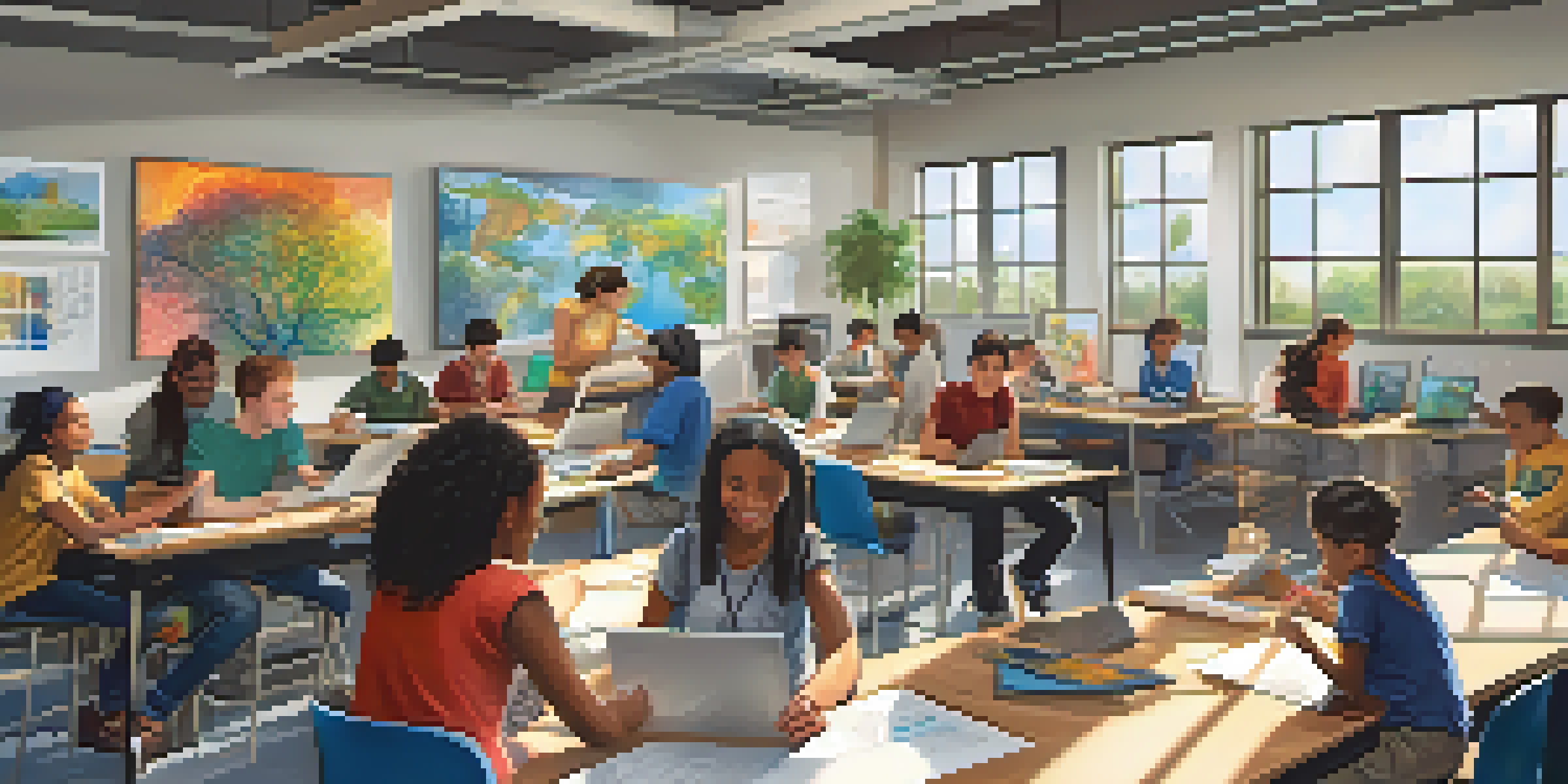 A bright classroom with diverse students actively participating in a skill development workshop, surrounded by technology and collaborative learning.