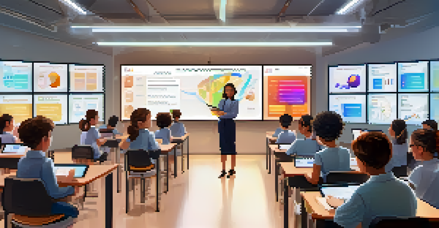 A large screen showing an AI-driven educational platform with real-time feedback and graphs, set in a modern classroom with students using smart devices.