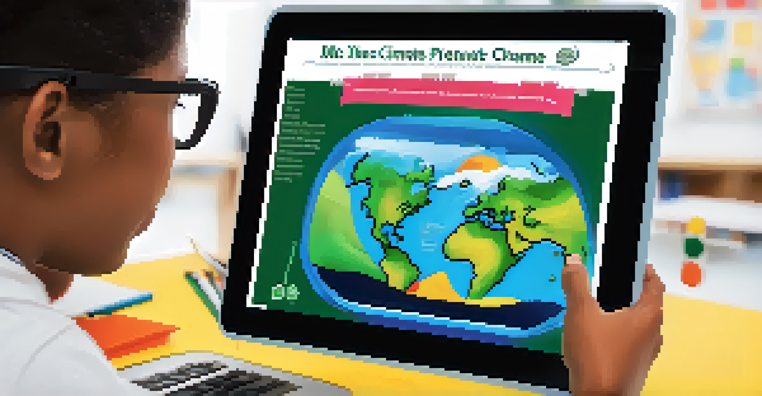 A close-up of a student's hands working on a digital presentation about climate change, with colorful graphics on the screen in a modern classroom.