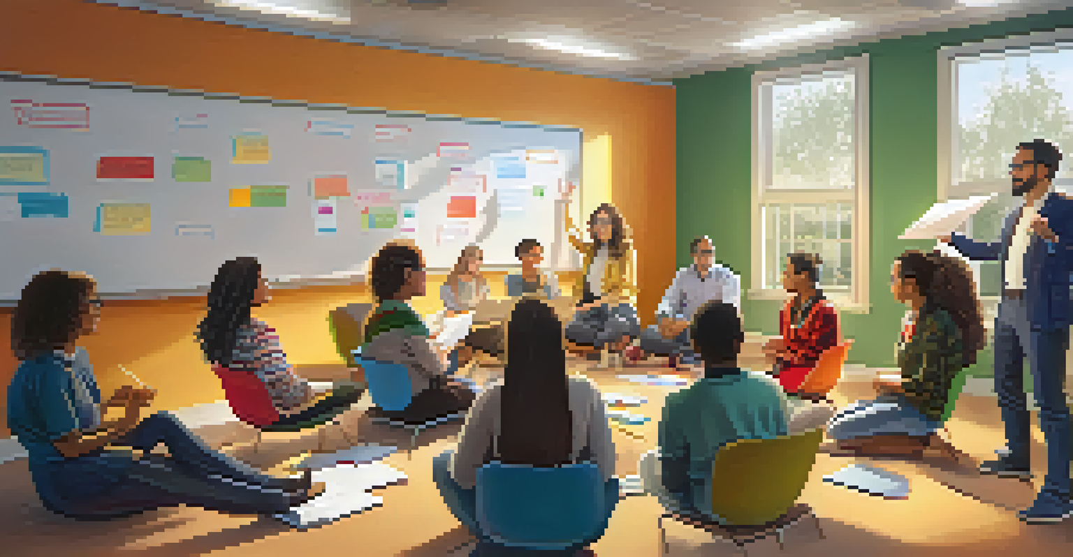 A teacher facilitating a discussion with students sitting on bean bags in a cozy classroom, with colorful diagrams on the whiteboard.