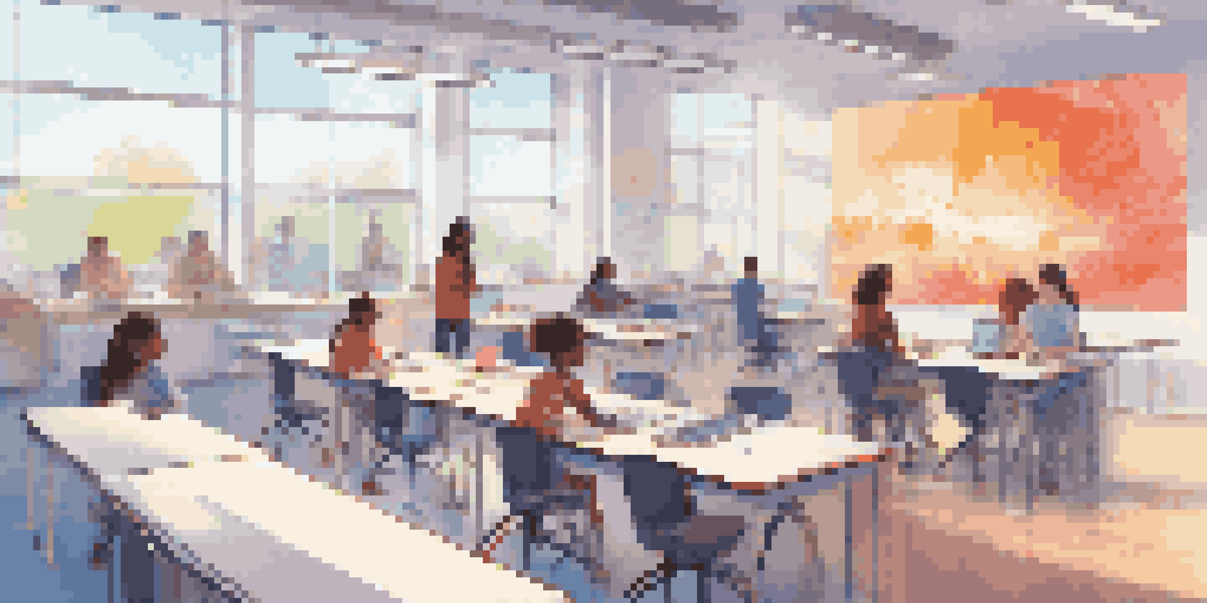 A bright and colorful futuristic classroom with students using AI learning tools, diverse students collaborating at modern desks, and natural light streaming through windows.