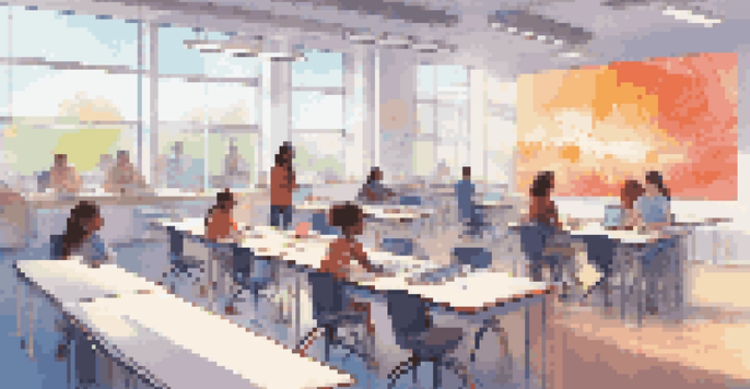 A bright and colorful futuristic classroom with students using AI learning tools, diverse students collaborating at modern desks, and natural light streaming through windows.