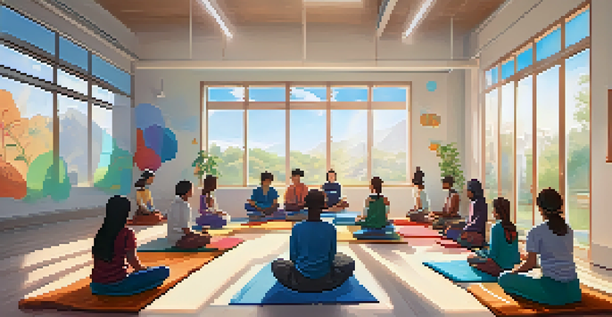 A diverse group of students meditating in a bright classroom with a teacher leading them, surrounded by cushions and inspirational quotes.