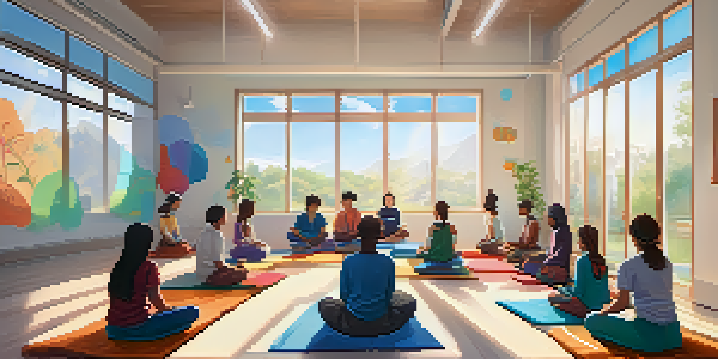 A diverse group of students meditating in a bright classroom with a teacher leading them, surrounded by cushions and inspirational quotes.