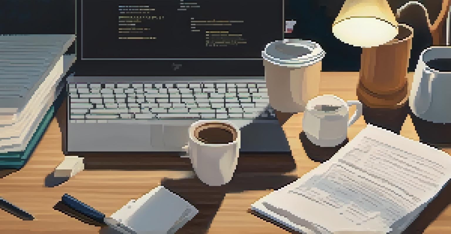 A close-up of hands typing on a laptop with a coffee cup and notes on a desk, surrounded by a bulletin board of reminders and photos.