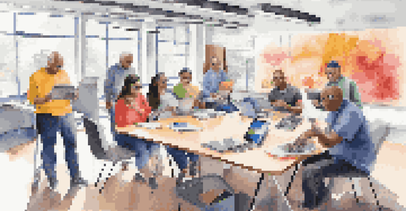 A group of adult learners wearing augmented reality headsets, collaborating in a modern workshop setting.