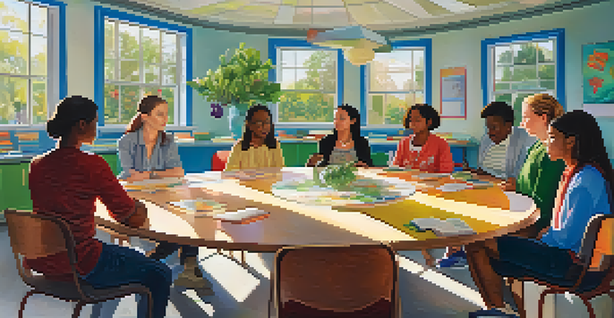 A group of diverse teachers sitting around a circular table in a bright classroom, discussing and sharing ideas.