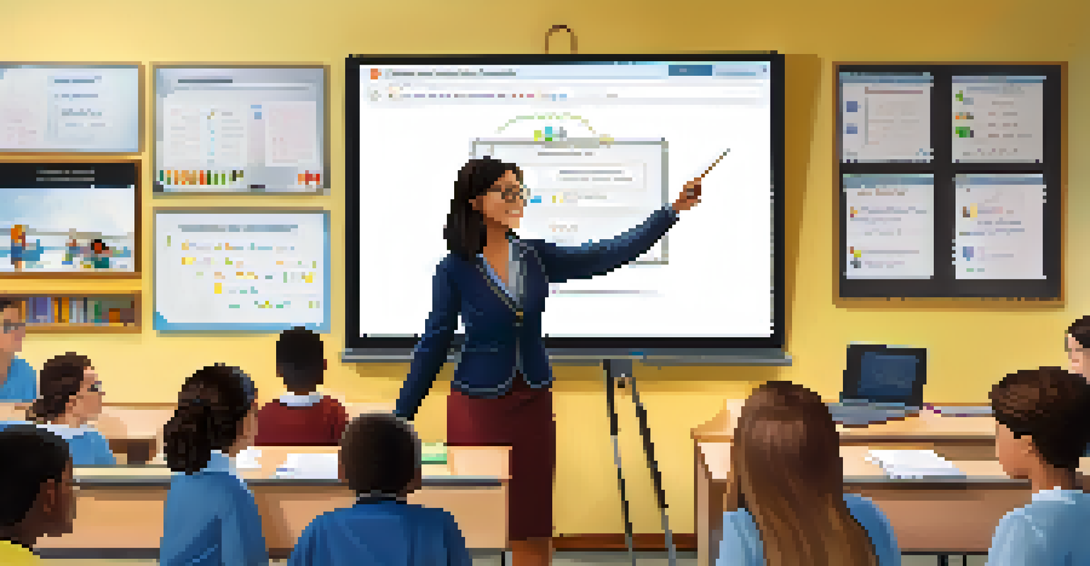 A teacher guiding students through an online assessment on a smart board in a modern classroom filled with computers.