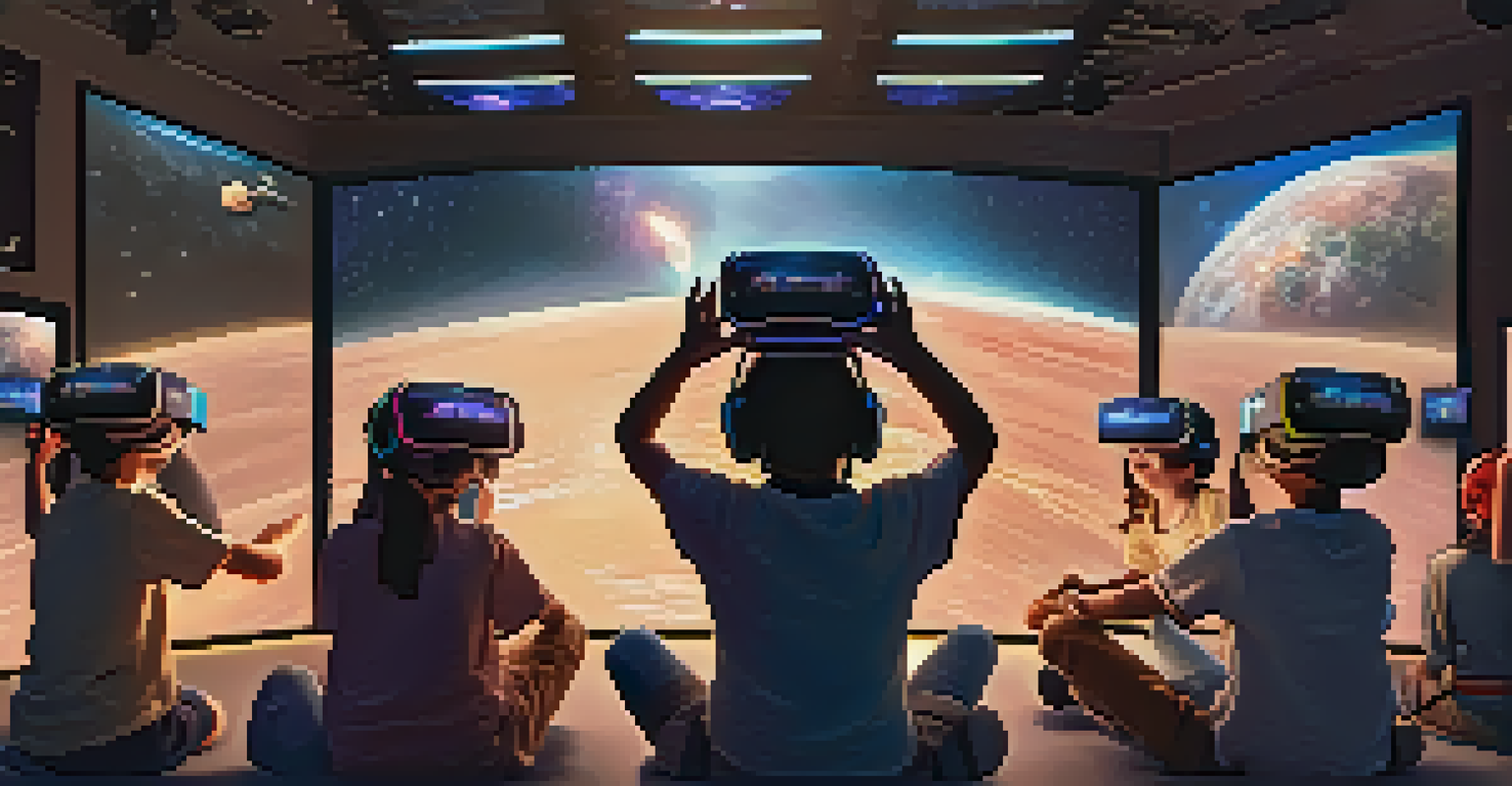 Students experiencing an immersive virtual reality lesson about outer space in a classroom setting.