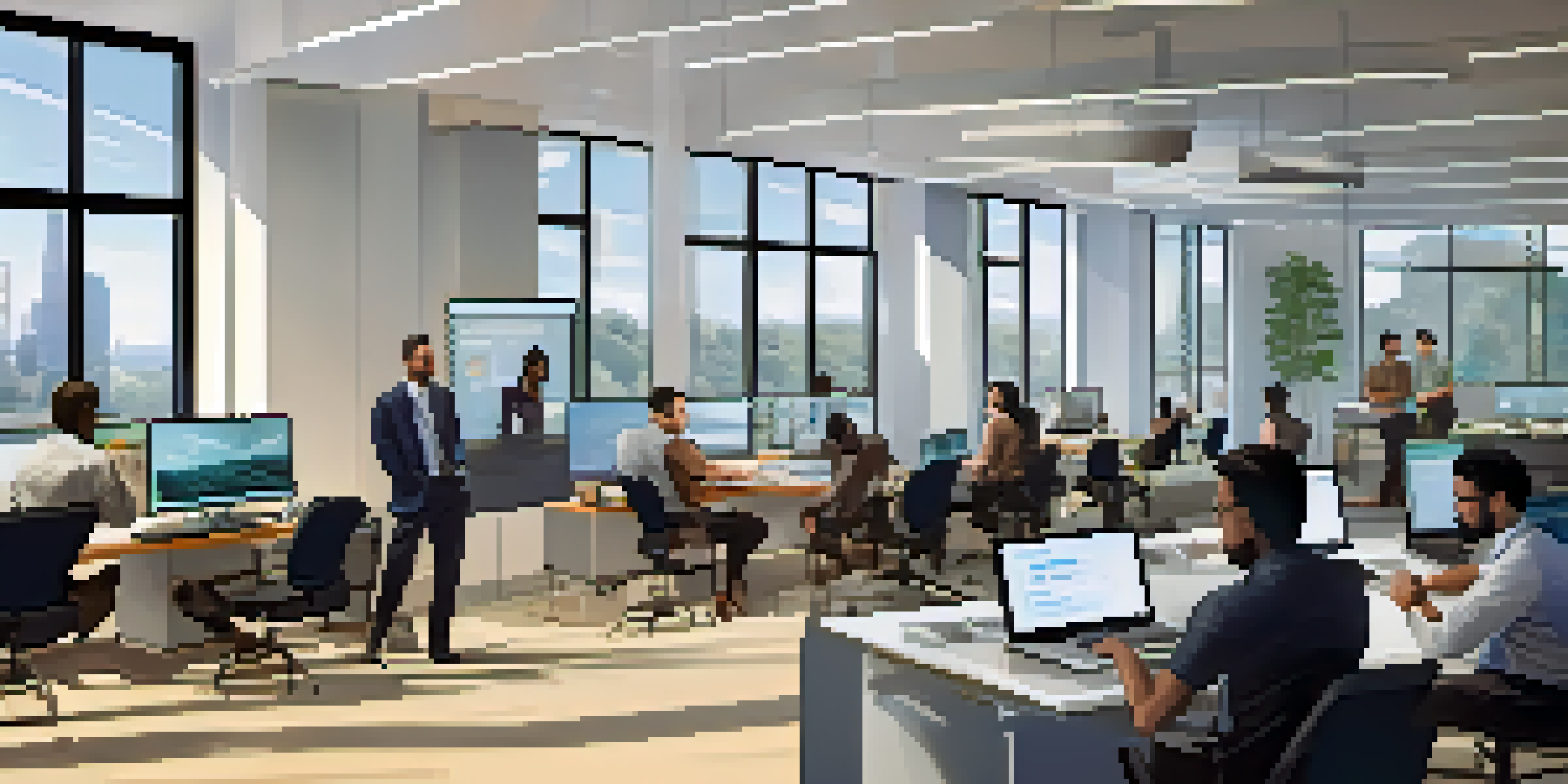 A diverse group of employees in a bright modern office attending a cybersecurity training session, focused on their laptops and a digital screen.