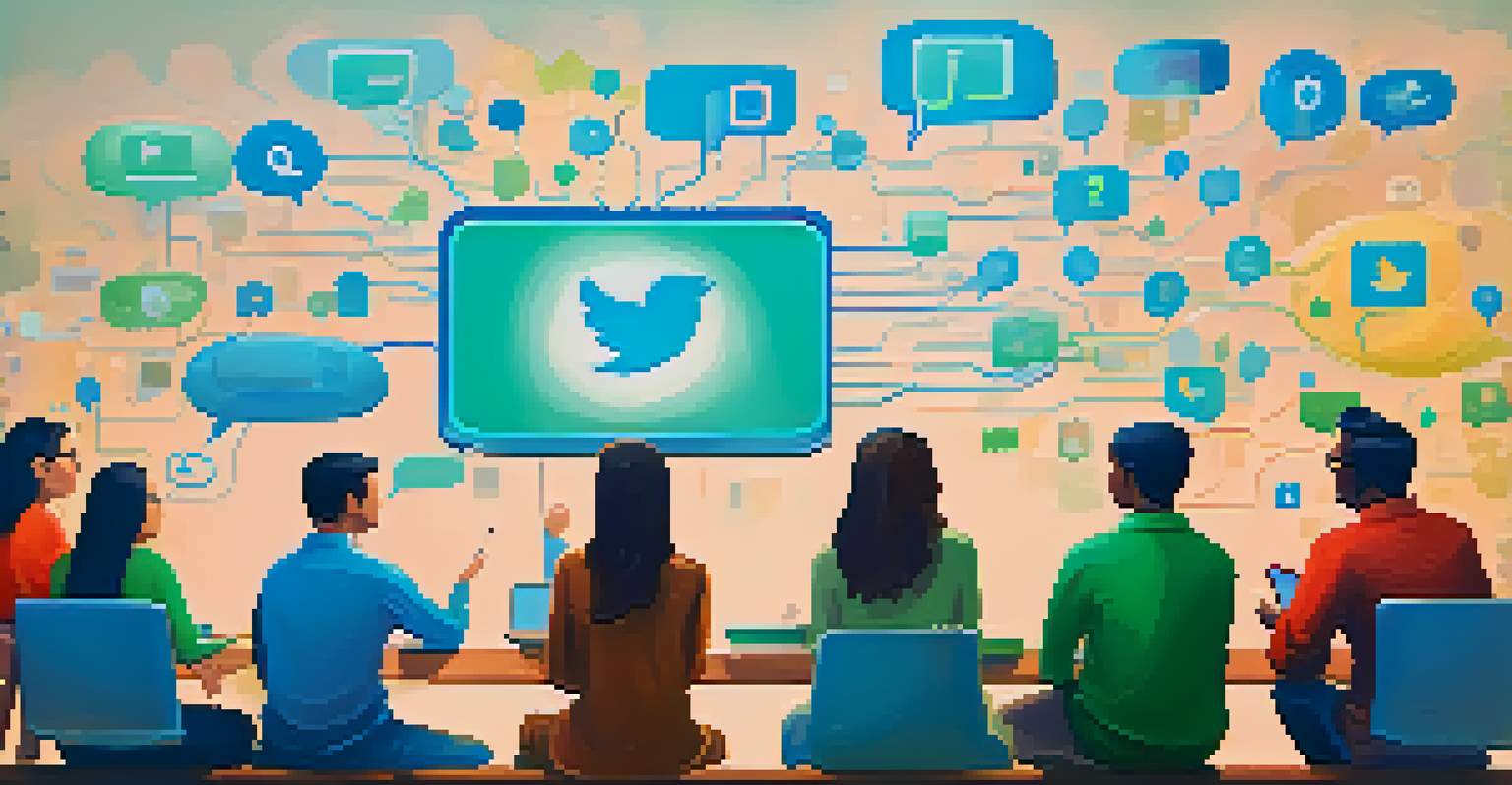 Colorful speech bubbles representing a Twitter chat on education, with icons of students and educators.