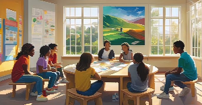 A diverse group of students engaged in a collaborative discussion in a sunlit classroom, with a teacher facilitating the conversation.