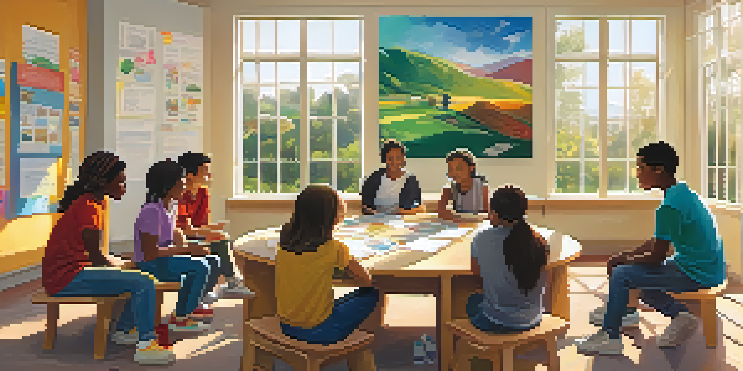 A diverse group of students engaged in a collaborative discussion in a sunlit classroom, with a teacher facilitating the conversation.
