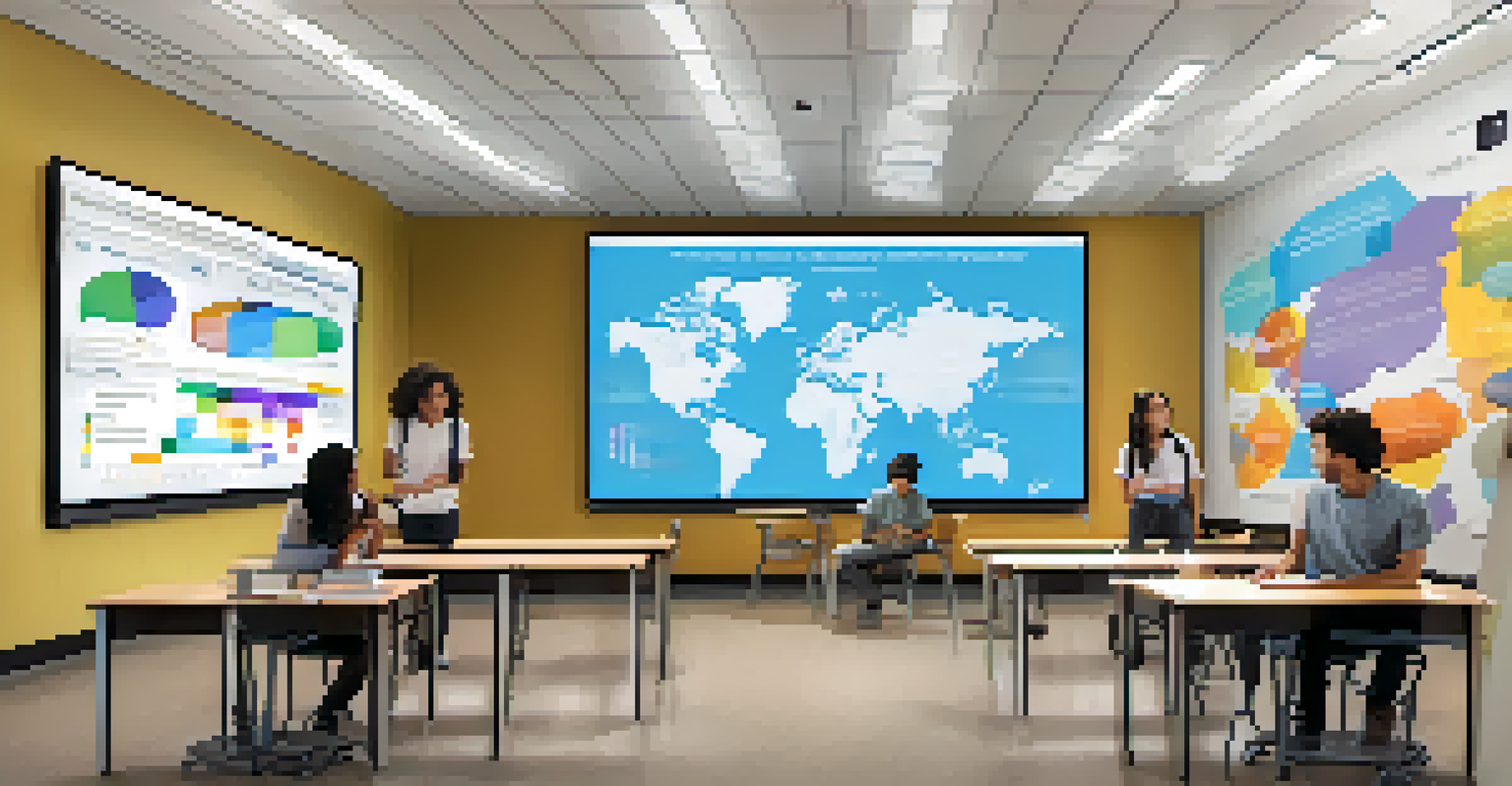 Students in a classroom interacting with large screens showing colorful data visualizations, surrounded by a collaborative learning environment.