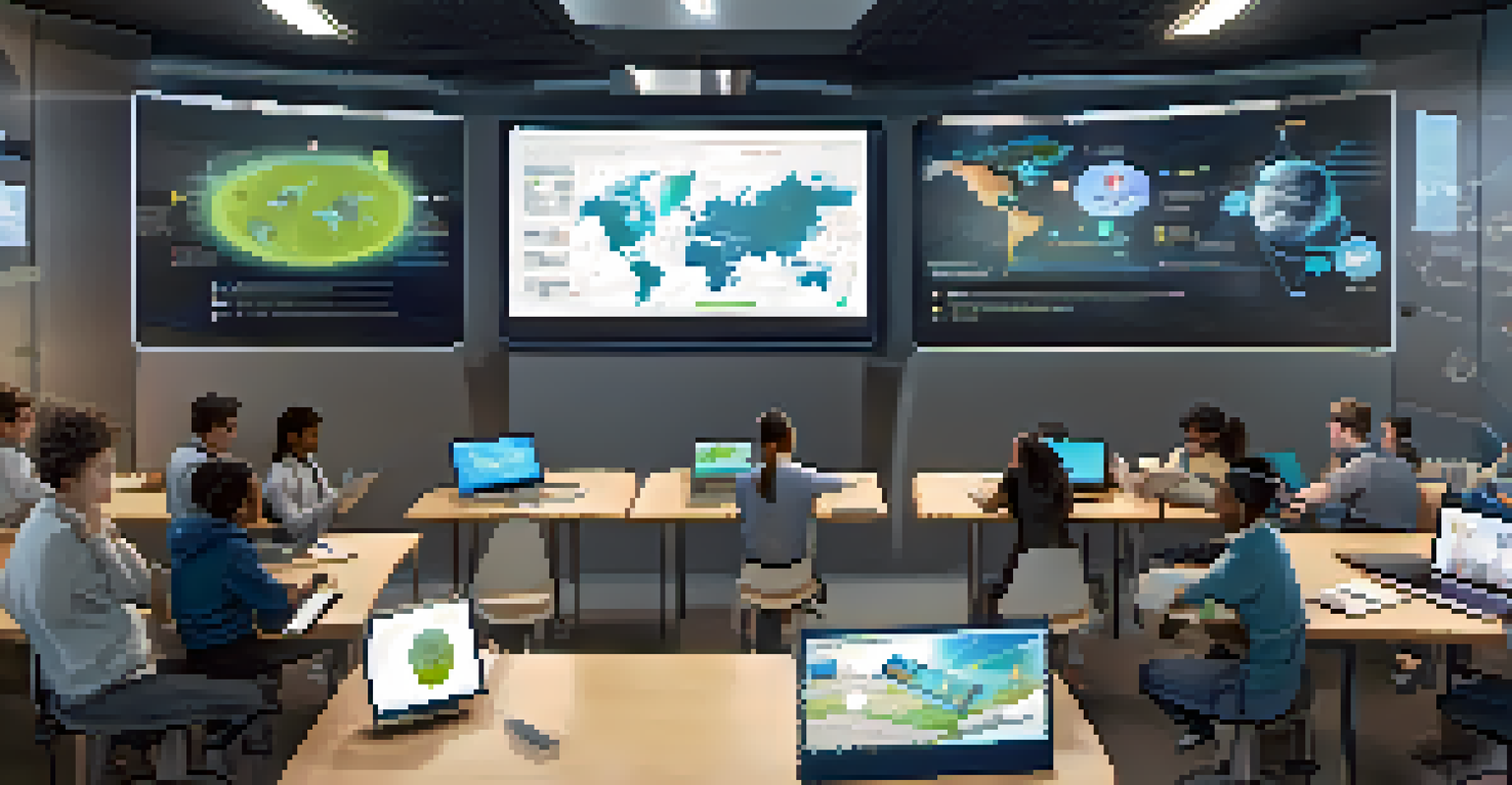 A futuristic virtual classroom with students interacting on a collaborative platform, showcasing a high-tech learning environment.