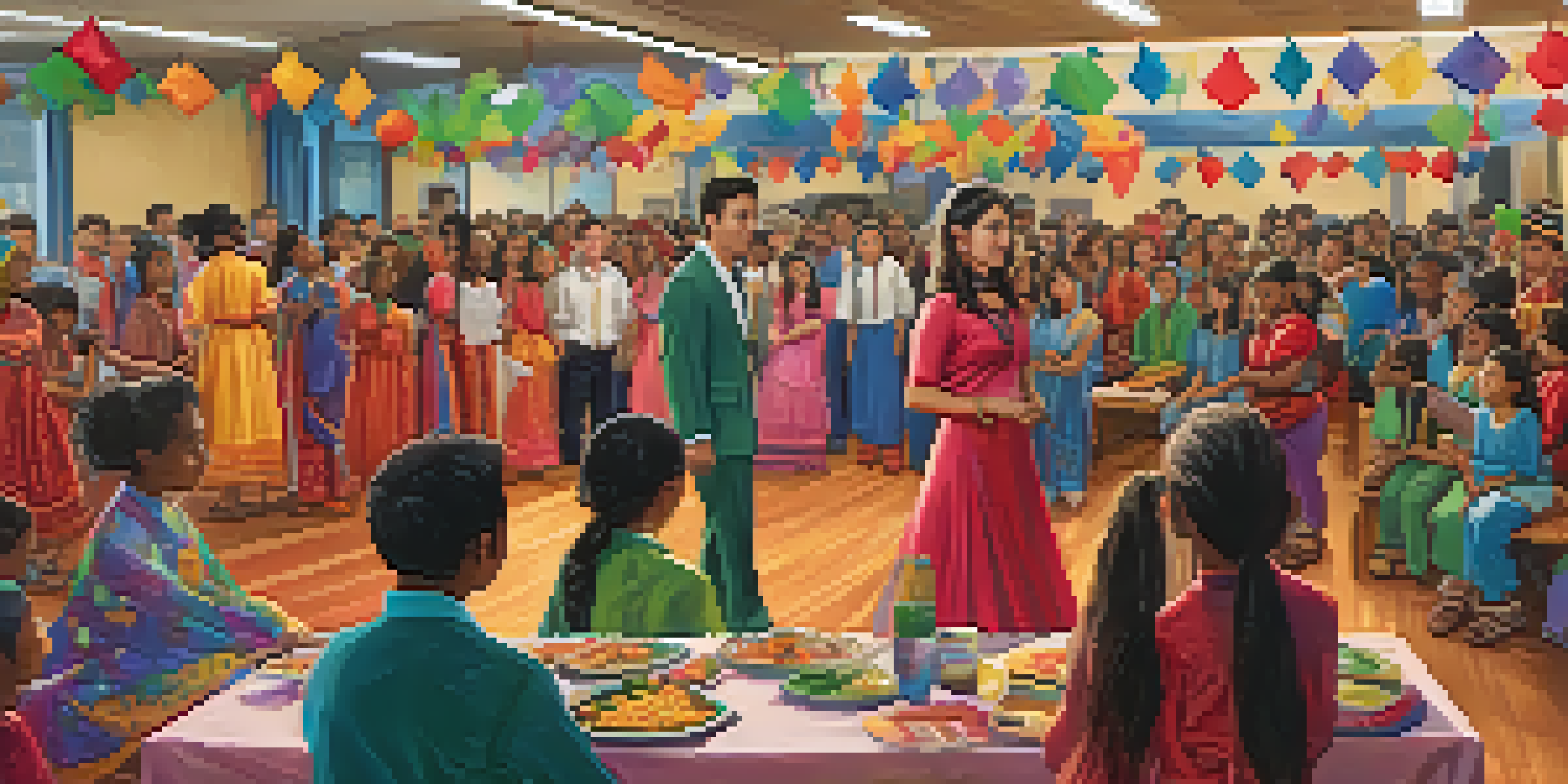 A lively school event featuring students in traditional clothing from various cultures, showcasing food and dance, with colorful decorations and engaged teachers and parents.