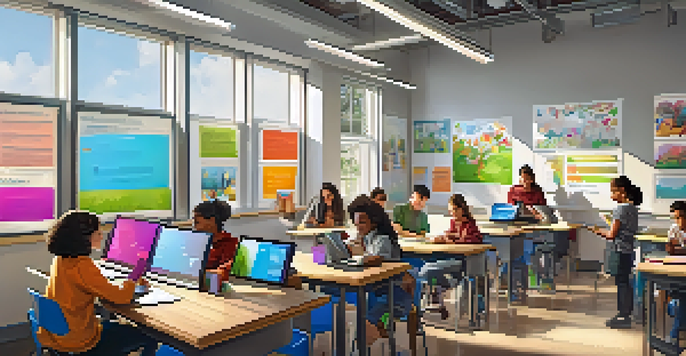 A vibrant classroom filled with diverse students working on tablets and laptops, engaged in collaborative learning with a bright smartboard in the background.