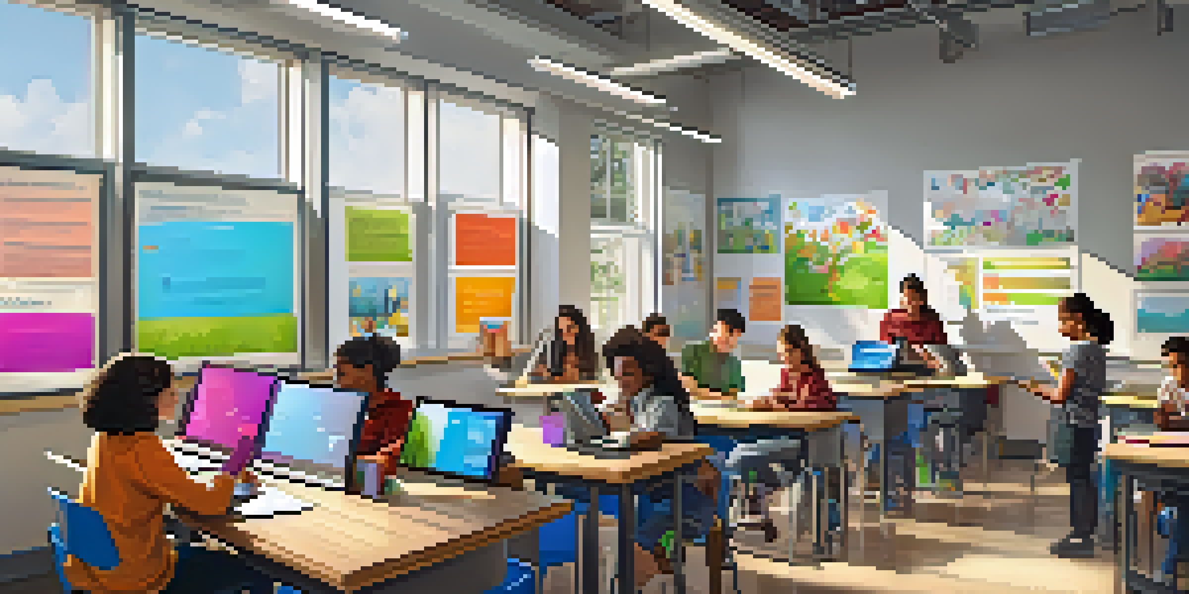 A vibrant classroom filled with diverse students working on tablets and laptops, engaged in collaborative learning with a bright smartboard in the background.