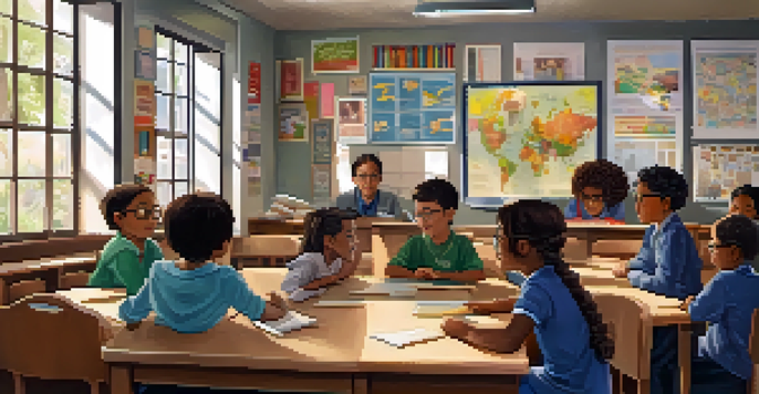 A diverse group of students in a bright classroom, listening intently to a teacher who is telling a story.