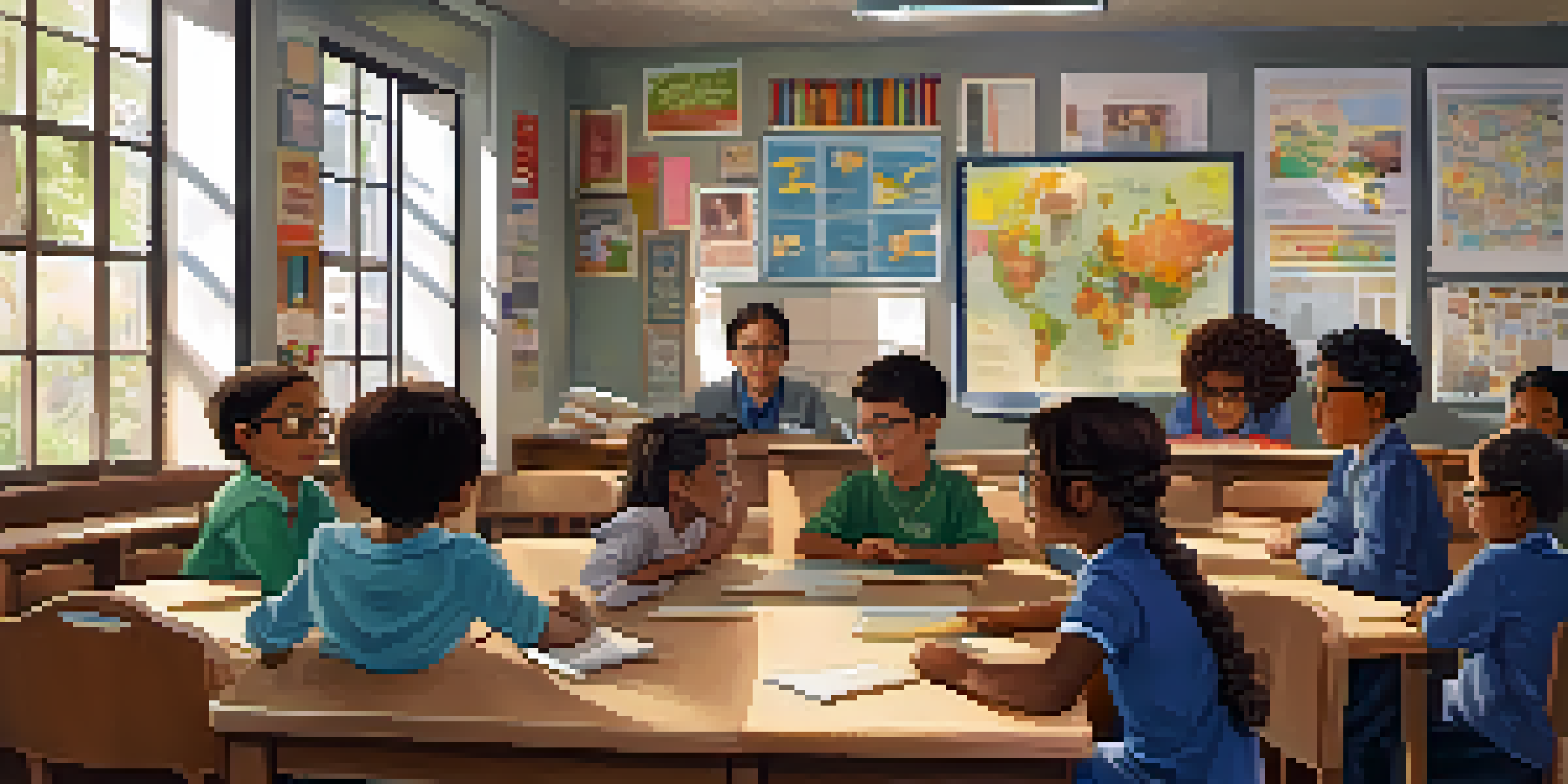 A diverse group of students in a bright classroom, listening intently to a teacher who is telling a story.