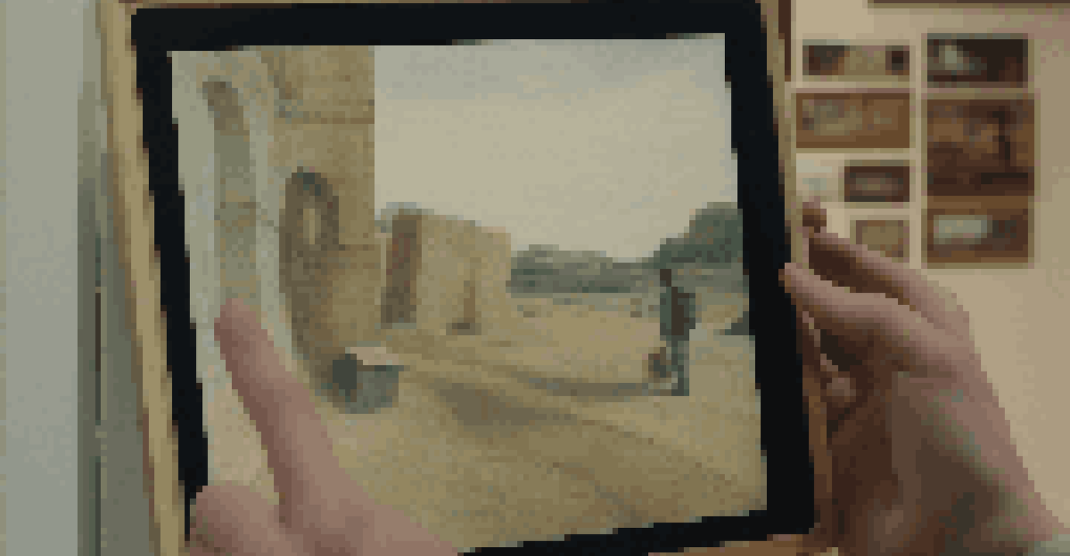 A student's hand holding a tablet that shows an animated overlay of a famous painting, with the original painting in the background.