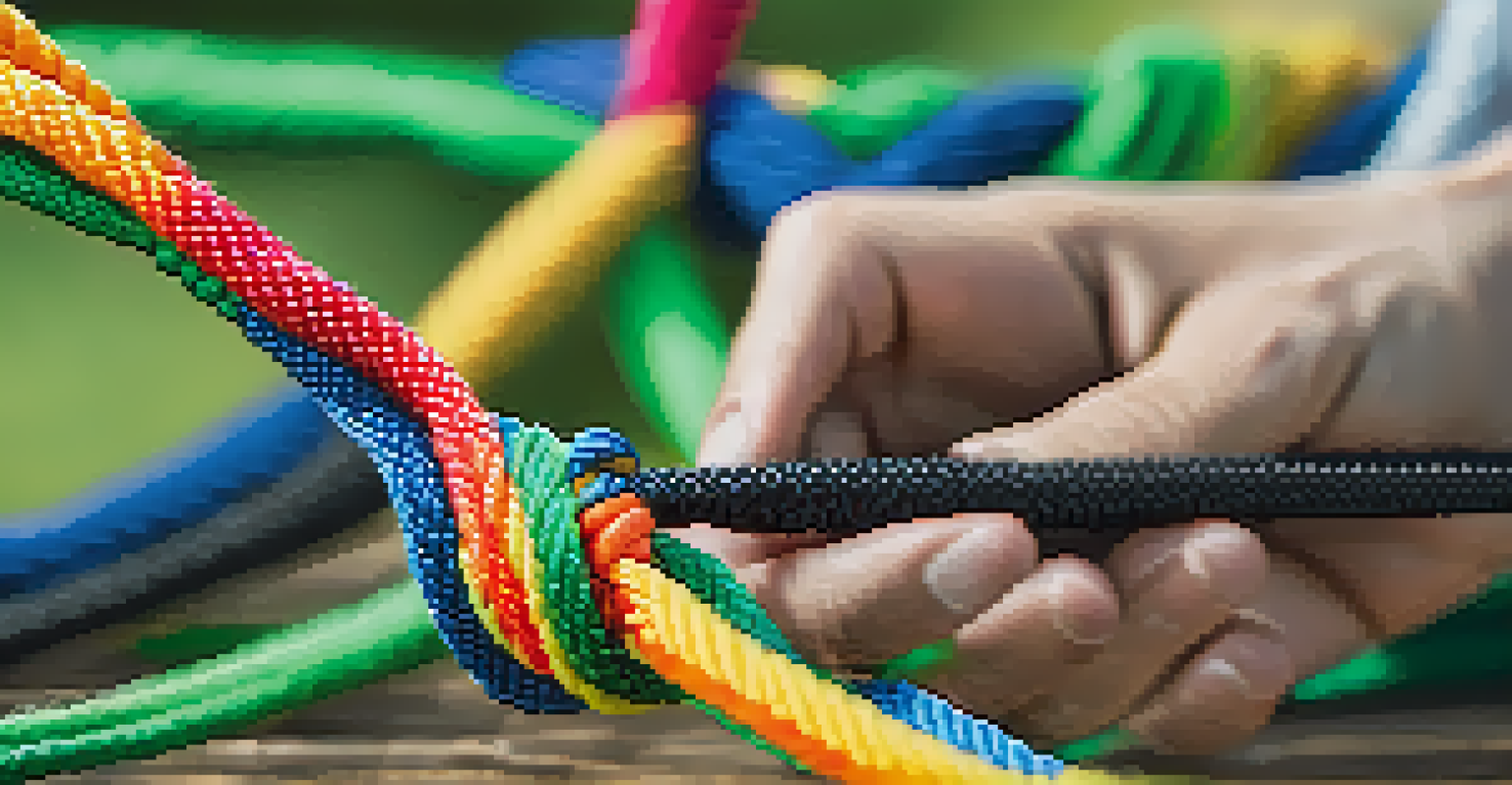 A student concentrating on tying a colorful knot, with outdoor gear and greenery faintly visible in the background.