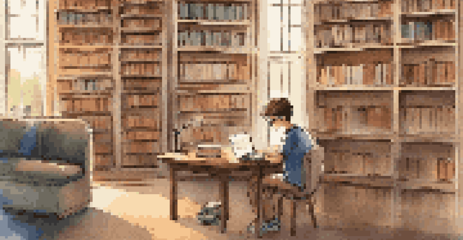 A student in a library engaging with an AI learning tool on a laptop, surrounded by books and warm lighting.