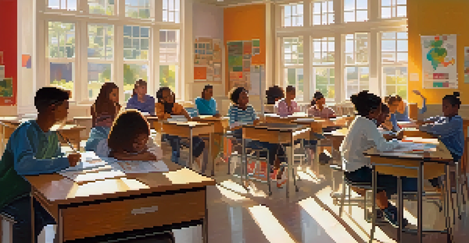 A colorful classroom with diverse students working together on a project, with sunlight streaming through the windows.