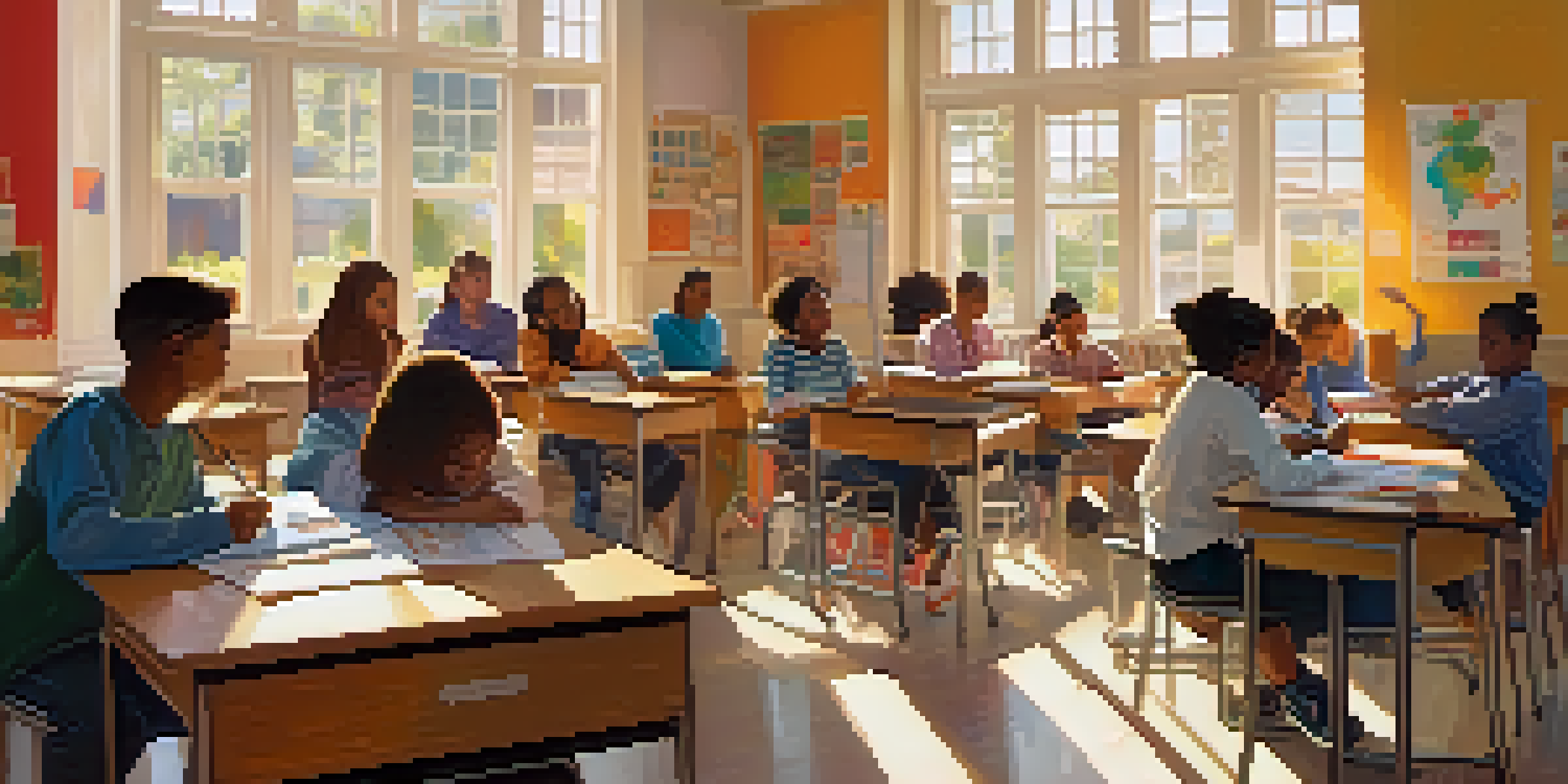 A colorful classroom with diverse students working together on a project, with sunlight streaming through the windows.