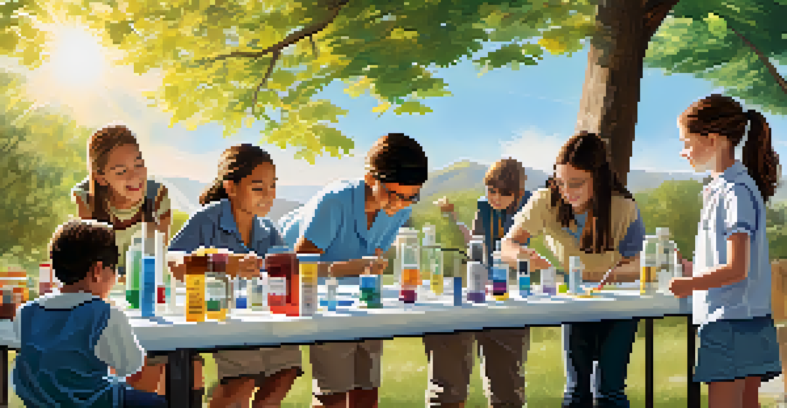 Students engaging in a hands-on science experiment outdoors, with various tools and a natural backdrop, showcasing experiential learning.