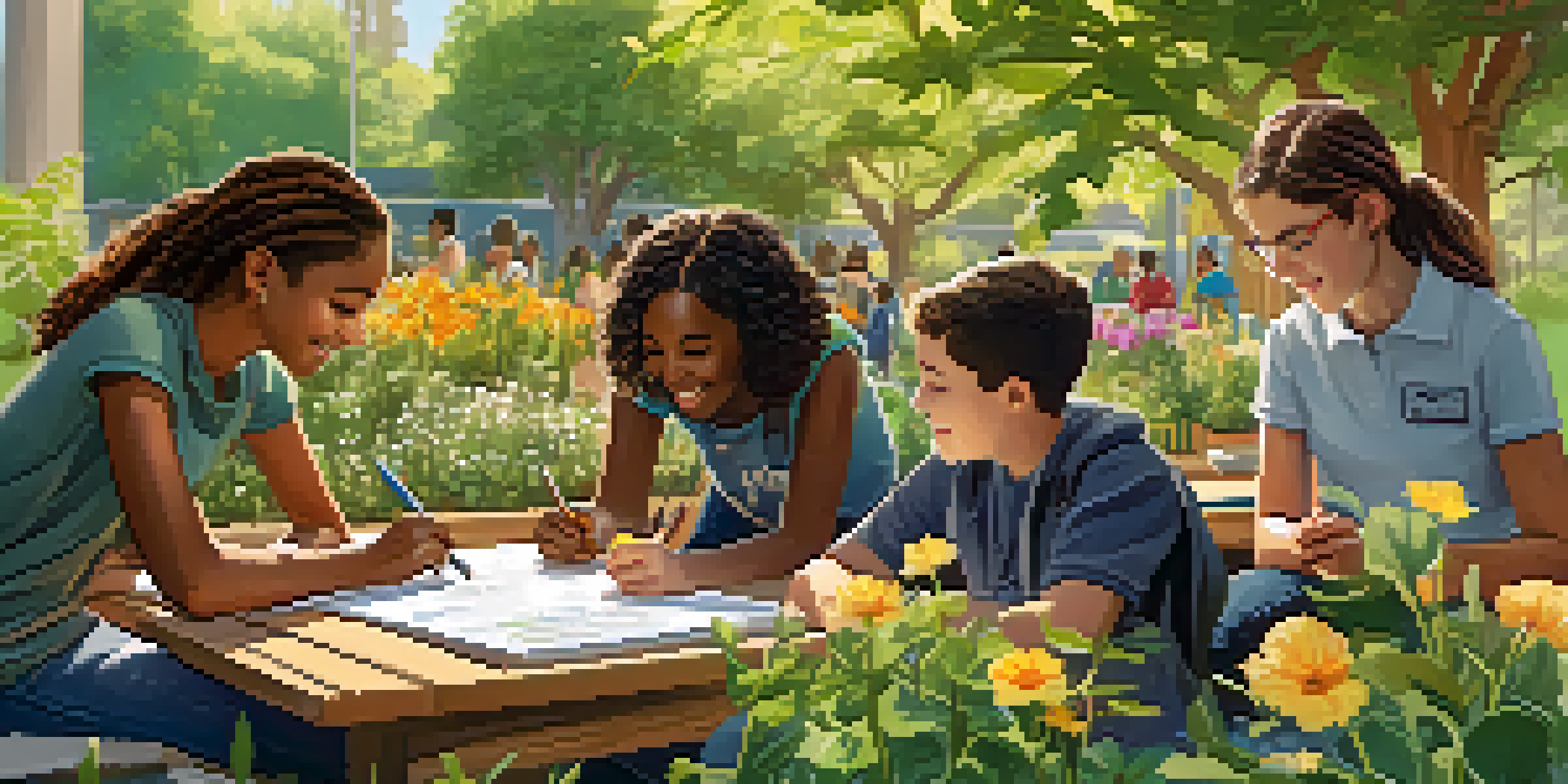 A group of diverse students working together on a sustainability project in a colorful school garden, engaged in planting and discussing.