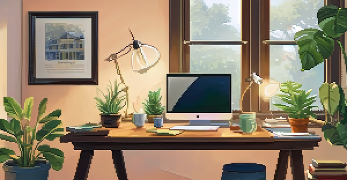 A warm and inviting home office with a wooden desk, laptop, and houseplants.