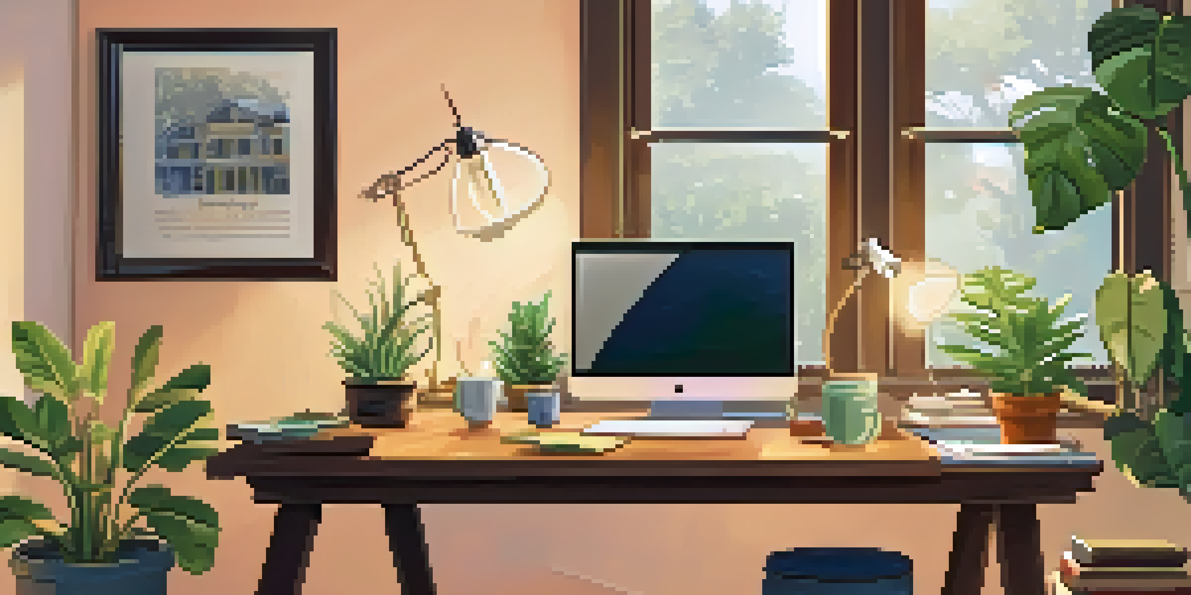 A warm and inviting home office with a wooden desk, laptop, and houseplants.