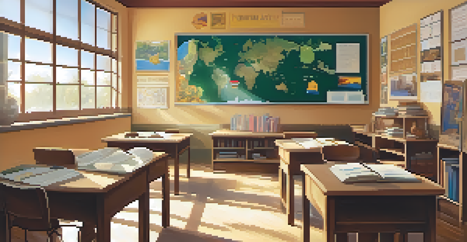A cozy classroom filled with cultural artifacts and students working together, highlighting diversity.