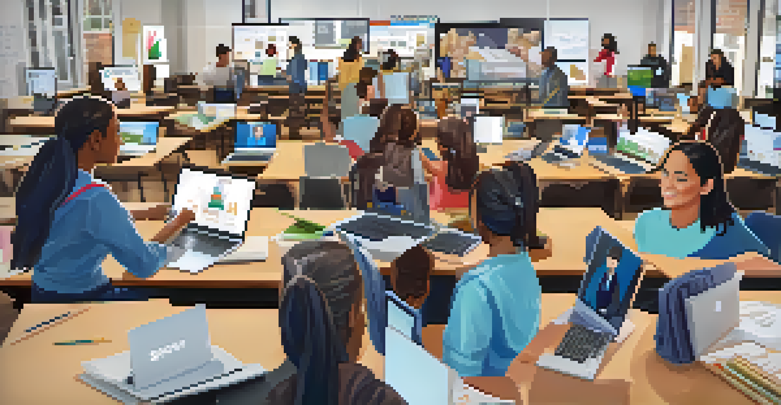 Students participating in a virtual group project, collaborating on a digital platform and sharing ideas through their laptops.