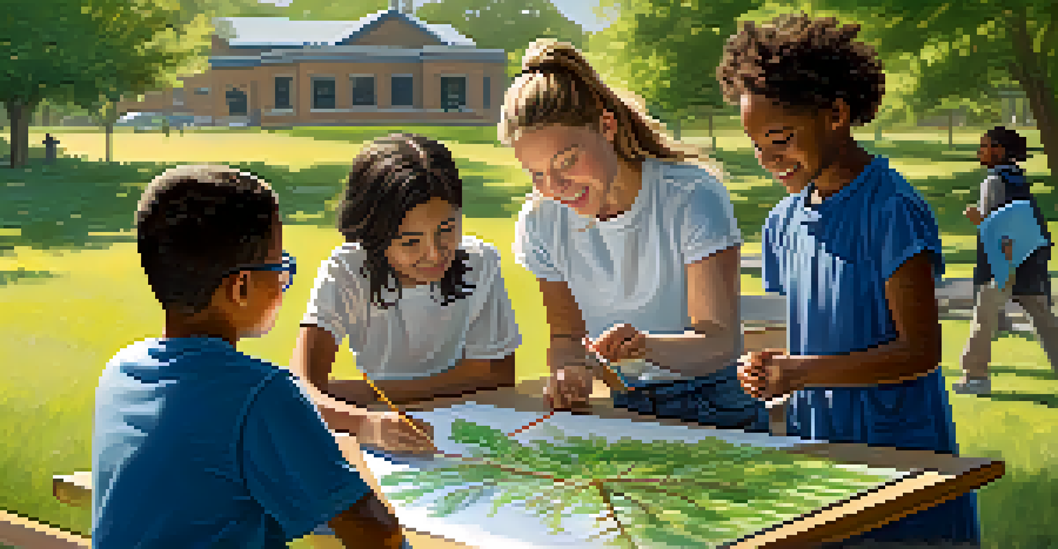 A teacher interacting with students on a science project outdoors, surrounded by nature.
