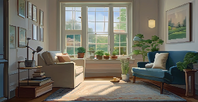 A cozy reading nook with an armchair, a lamp, books, and a potted plant by a window.