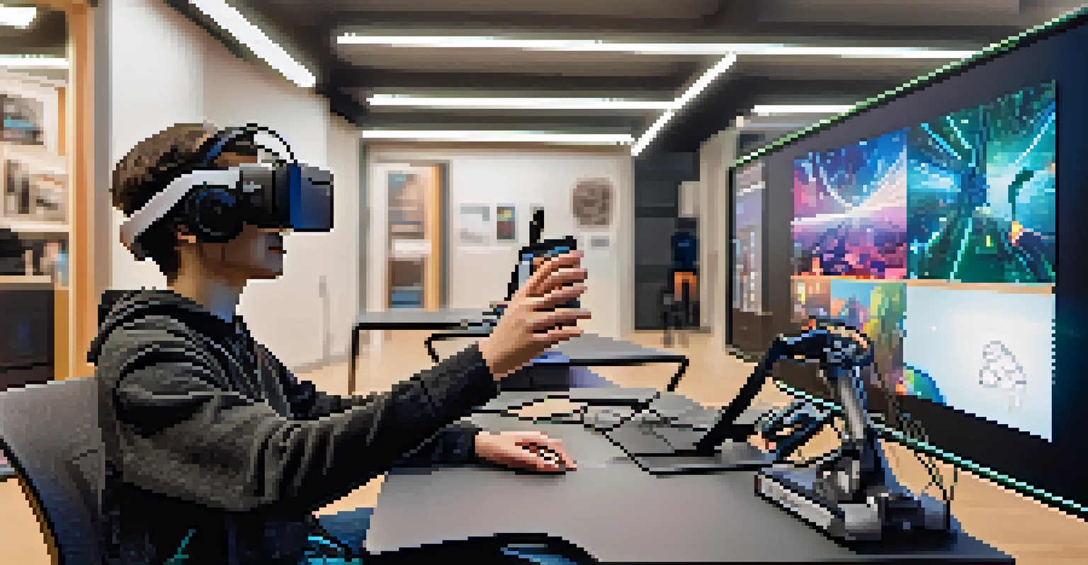 A student with a disability using a VR headset in a modern educational space, surrounded by immersive learning elements.