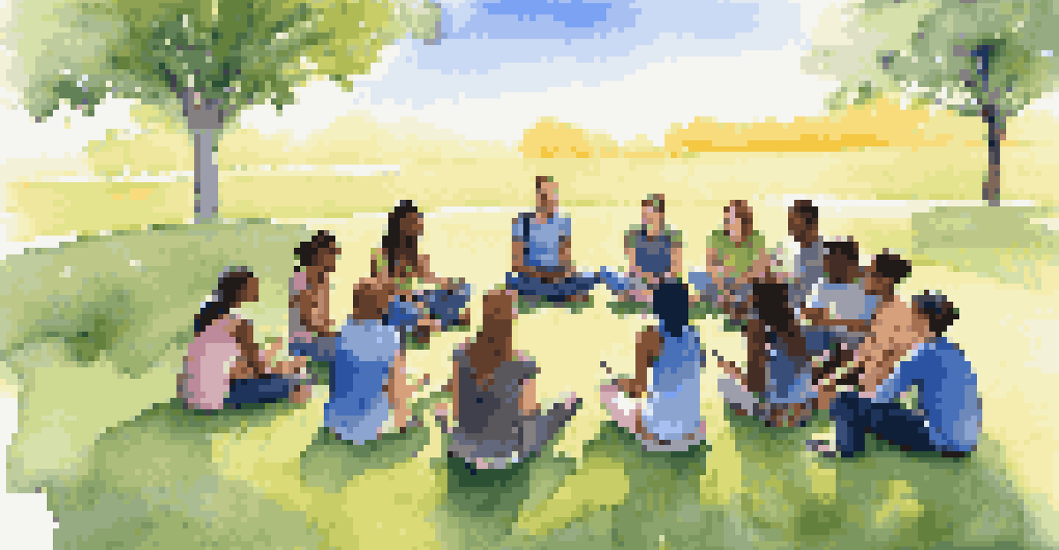 A group of diverse students in a circle on a grassy field, engaged in a discussion about mindfulness, with notebooks in hand, under a sunny sky.
