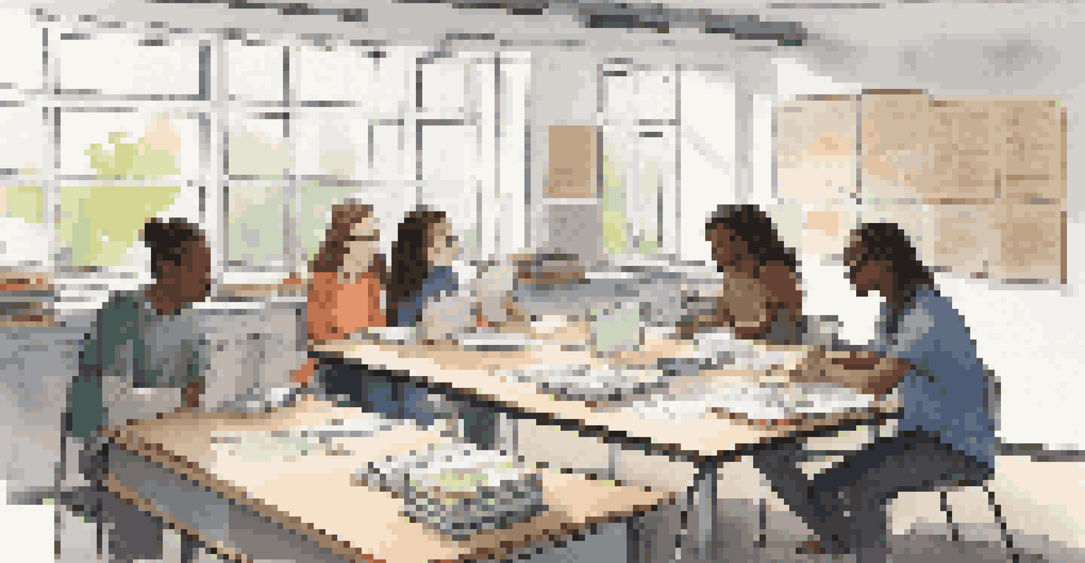 A collaborative learning environment with students discussing ideas around a table, surrounded by educational materials.