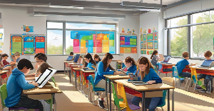 A vibrant classroom with students focused on their devices, showcasing a collaborative and adaptive learning environment.