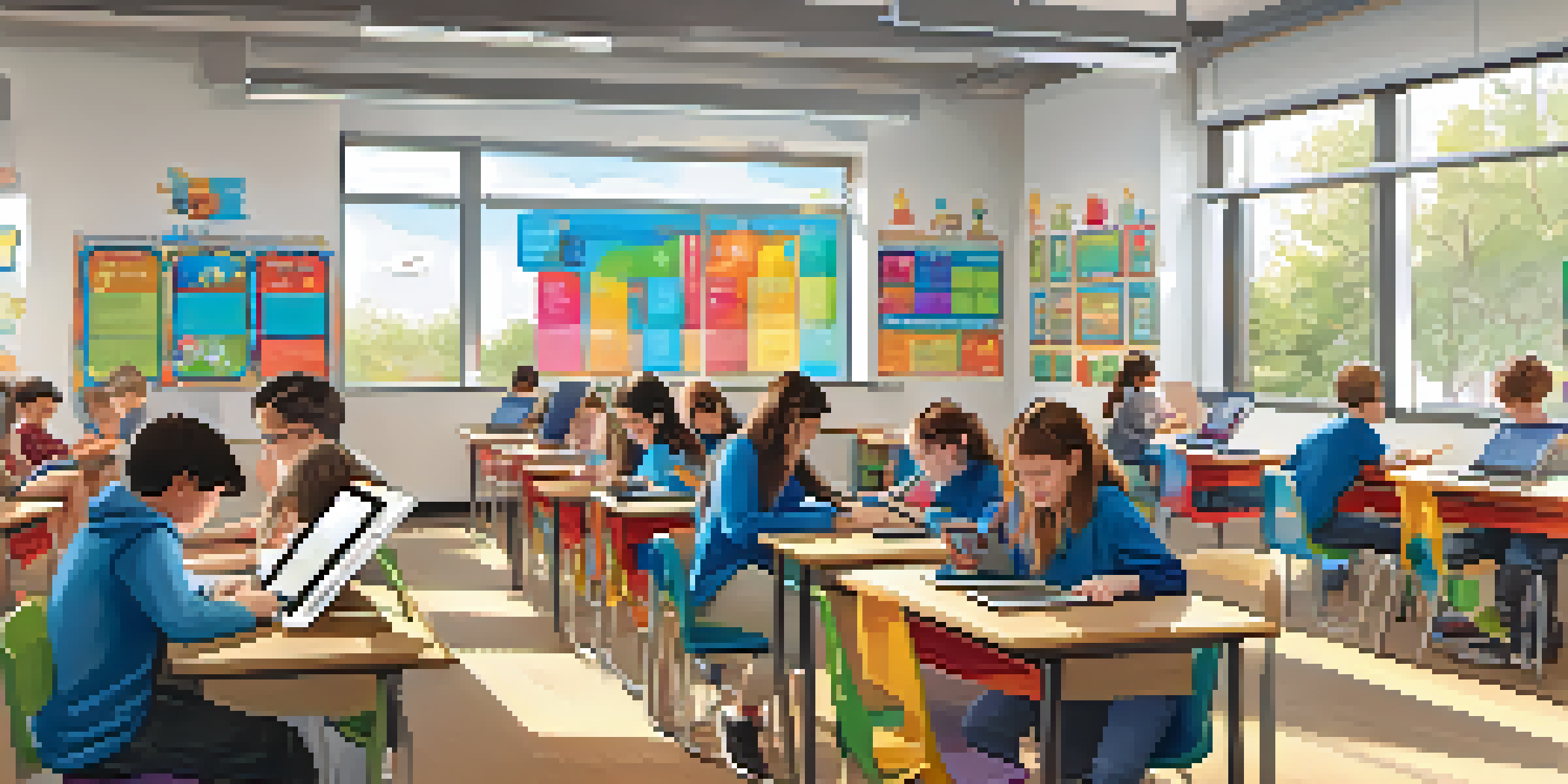 A vibrant classroom with students focused on their devices, showcasing a collaborative and adaptive learning environment.