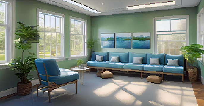 A bright and calming rehabilitation room with natural light, comfortable seating, and motivational artwork.