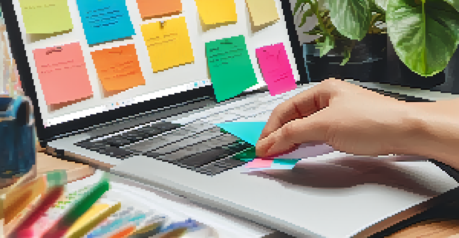 Hands typing on a laptop with a colorful sticky note board in the background, representing a creative and productive workspace.